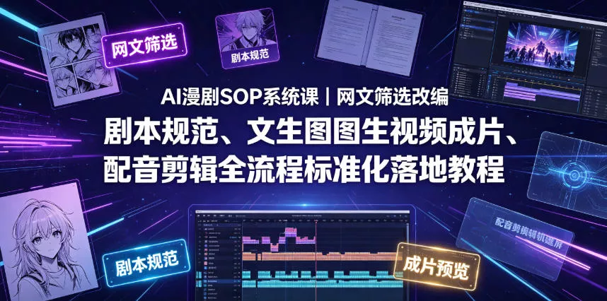 AI漫剧SOP系统课｜网文筛选改编、剧本规范、文生图图生视频成片、配音剪辑全流程标准化落地教程(更新0810)_抖汇吧