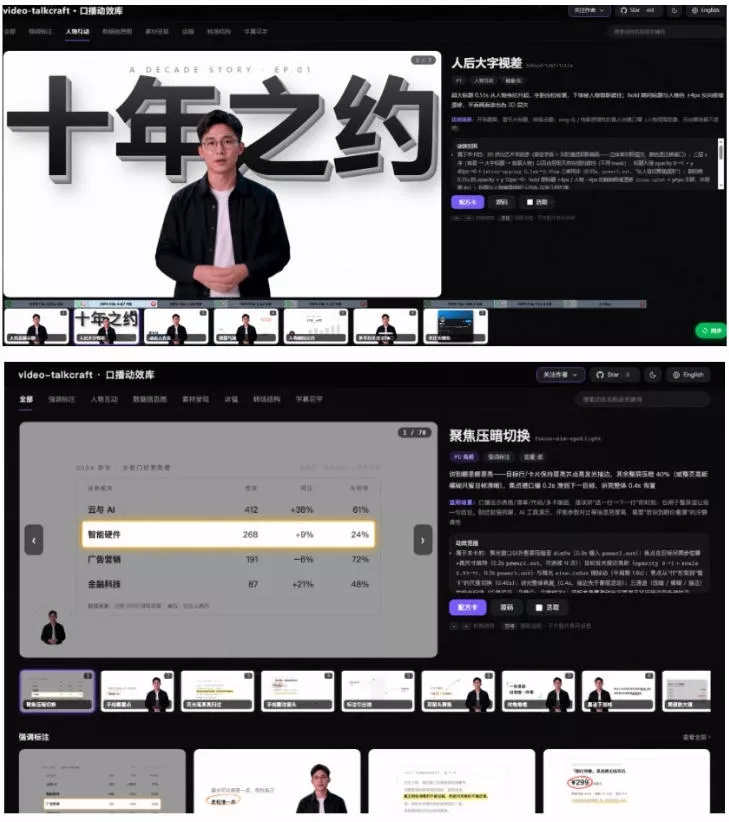 AI智能视频口播一键剪辑，轻松出效果！口播动效库Skill来了，一键给添加动态文字、数据展示等video-talkcraft