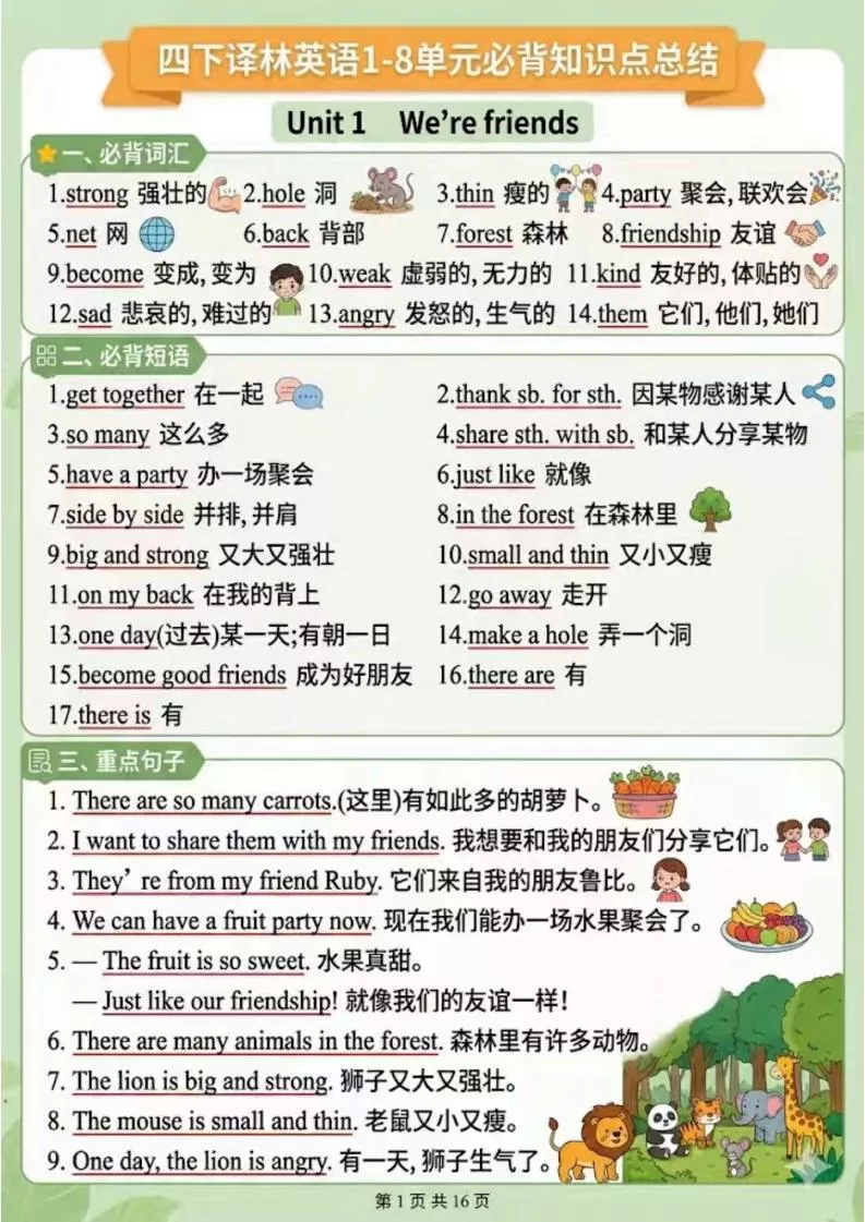 四年级下英语1-8单元知识点汇总《译林版》