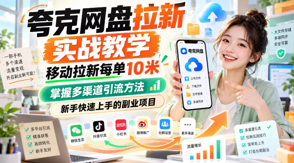 夸克网盘拉新实战教学,移动拉新每单10米,掌握多渠道引流方法,新手快速上手的副业项目_抖汇吧