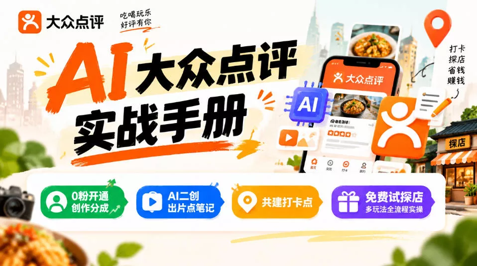某局的AI大众点评实战手册，0粉开通创作分成、AI二创出片点笔记、共建打卡点、免费试探店多玩法全流程实操_抖汇吧