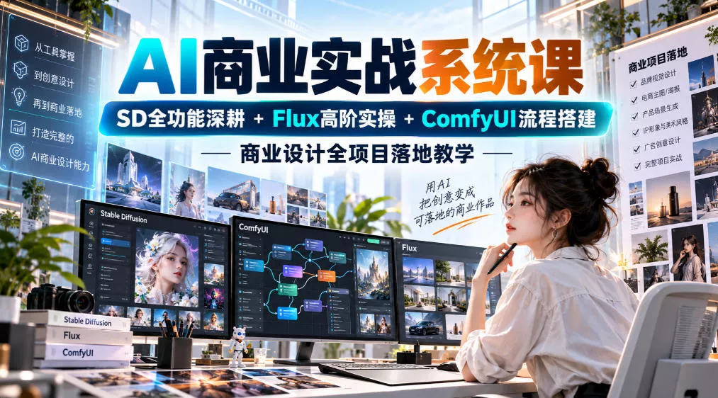 AI商业实战系统课|SD全功能深耕+Flux高阶实操+Comfyui流程搭建,商业设计全项目落地教学_抖汇吧