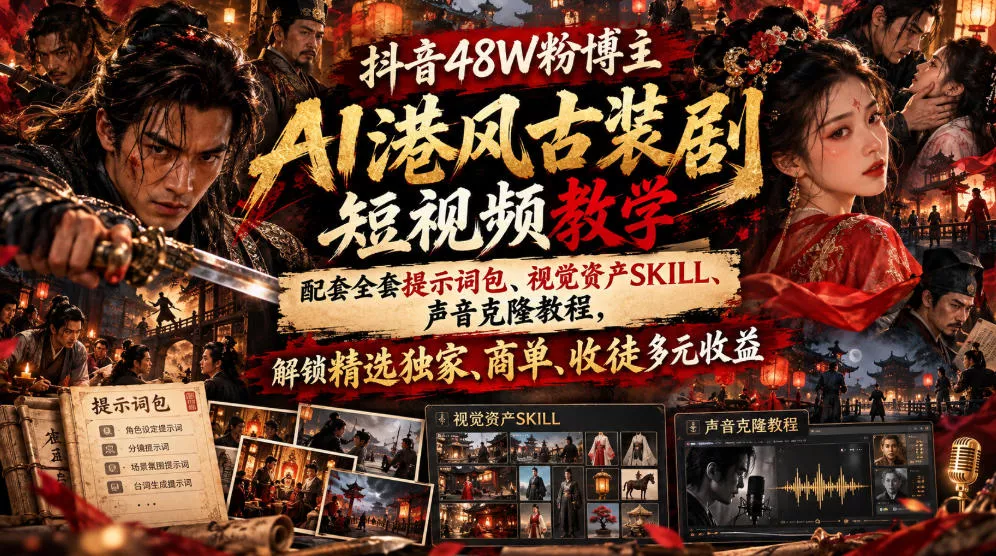 抖音48W粉博主AI港风古装剧短视频教学,配套全套提示词包、视觉资产SKILL、声音克隆教程,解锁精选独家、商单、收徒多元收益 抖音48W粉博主AI港风古装剧短视频教学,配套全套提示词包、视觉资产SKILL、声音克隆教程,解锁精选独家、商单、收徒多元收益