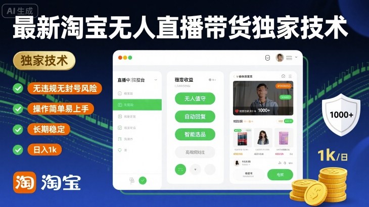最新淘宝无人直播带货独家技术，无违规无封号风险，操作简单易上手，长期稳定日入1k【揭秘】_抖汇吧