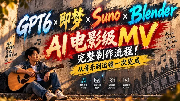 GPT6×即梦×Suno×Blender｜AI电影级MV完整制作流程！从音乐到运镜一次完成！_抖汇吧
