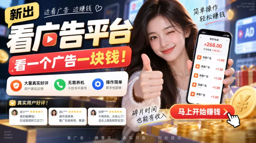 新出看广告平台，看一个广告一块钱，大量真实好评！无需养机、不会黑号，操作简单【揭秘】_抖汇吧