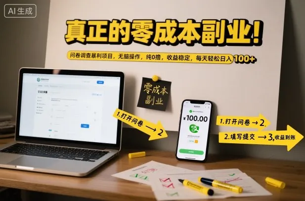 真正的零成本副业！问卷调查暴利项目，无脑操作，纯0撸，收益稳定，每天轻松日入100+【揭秘】_抖汇吧