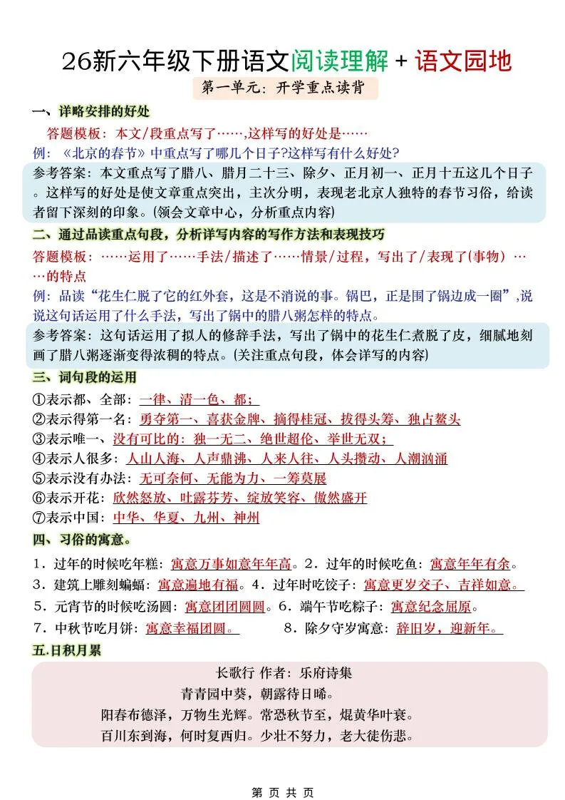 六年级下语文阅读理解＋语文园地