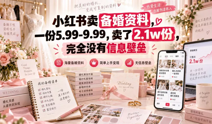 小红书卖备婚资料，一份5.99-9.99，卖了2.1w份，完全没有信息壁垒_抖汇吧