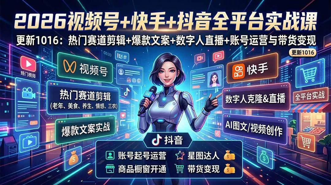 （20997期）视频号+快手+抖音三大平台的全栈剪辑+数字人直播实战课-3月更新：快速实现短视频变现_抖汇吧