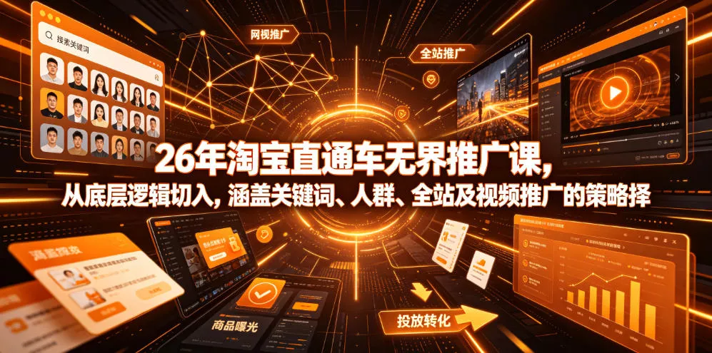 26年淘宝直通车无界推广课,从底层逻辑切入,涵盖关键词、人群、全站及视频推广的策略选择