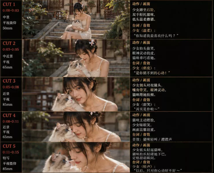 美女和猫故事提示词，人物一致性提示词+故事板_抖汇吧