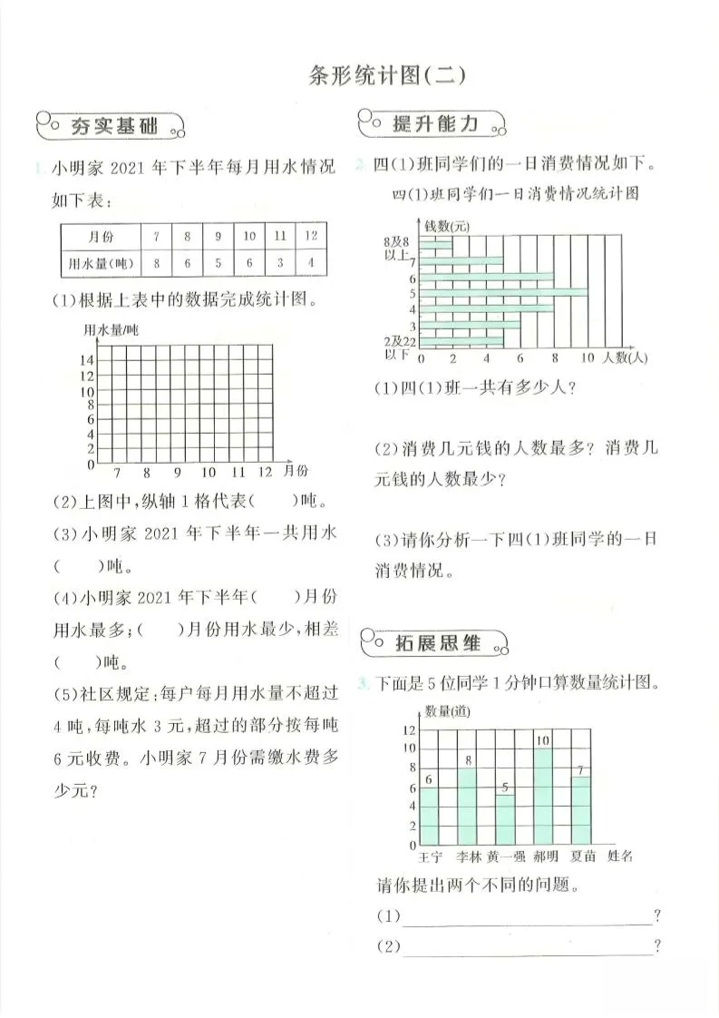 四年级上数学条形统计图综合提升训练_抖汇吧