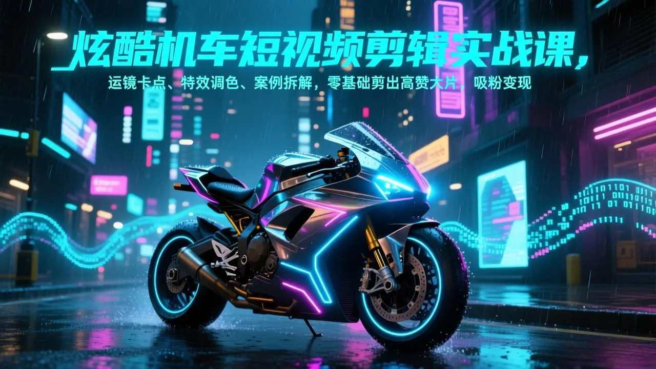 炫酷机车短视频剪辑实战课，运镜卡点、特效调色、案例拆解，零基础剪出高赞大片，吸粉变现_抖汇吧