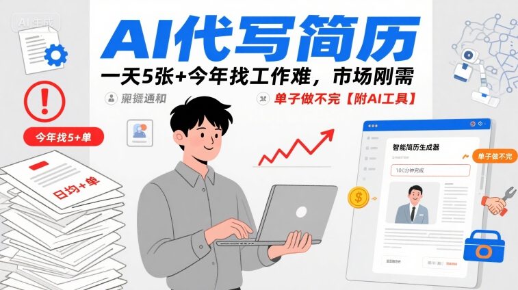 AI代写简历，一天5张+今年找工作难，市场刚需，单子做不完【附AI工具】_抖汇吧