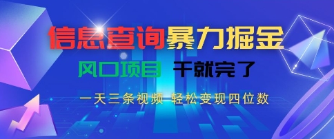 信息查询暴力掘金，一天三条视频，轻松变现四位数，风口项目干就完了【揭秘】_抖汇吧
