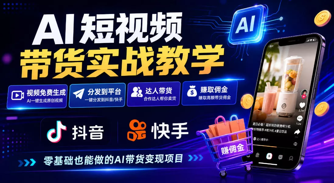 AI短视频带货实战教学，视频免费生成，分发到抖音快手平台，达人带货賺佣金_抖汇吧