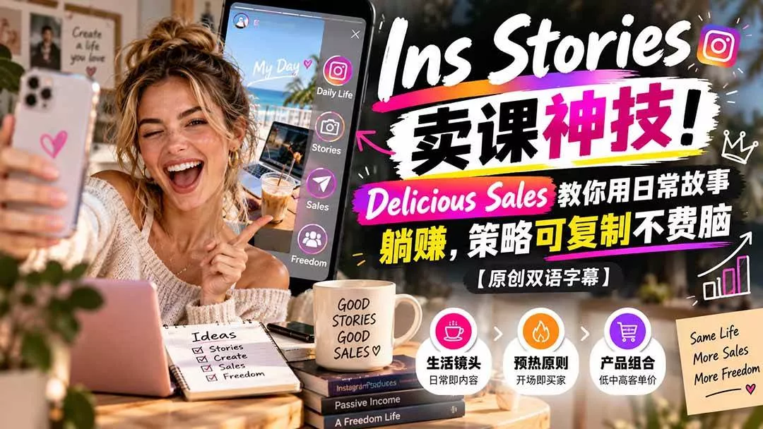（20767期）Ins Stories 卖课神技！Delicious Sales 教你用日常故事躺赚，策略可复制不费脑【原创双语字幕】_抖汇吧