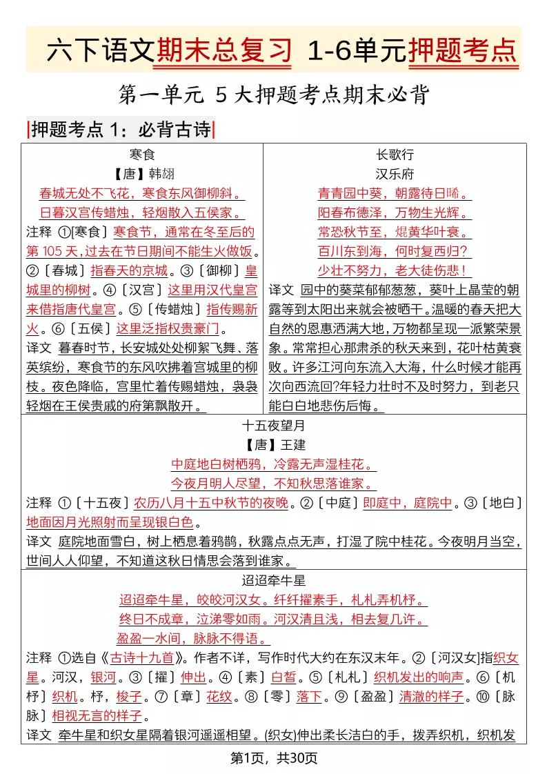 六年级下语文期末总复习1-6单元押题考点