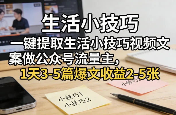 一键提取生活小技巧视频文案做公众号流量主，1天3-5篇爆文收益2-5张_抖汇吧
