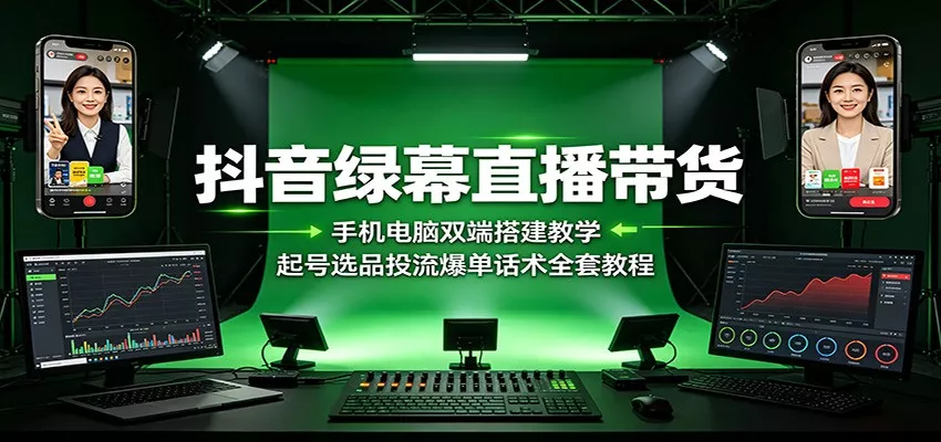 抖音绿幕直播带货：手机电脑双端搭建教学，起号选品投流爆单话术全套教程_抖汇吧