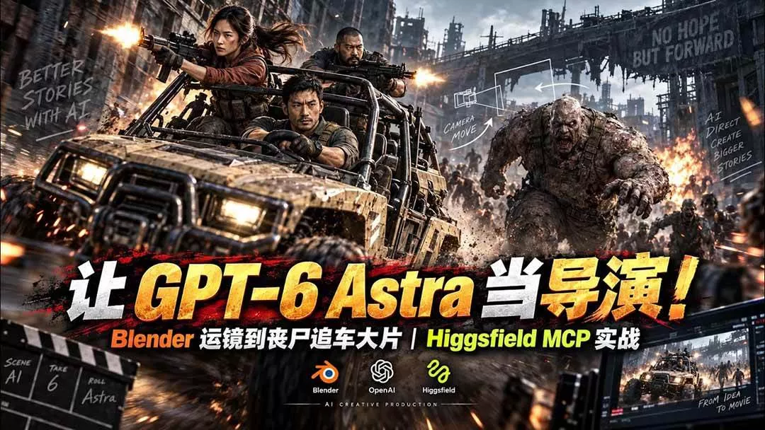 （20762期）【无水印】让 GPT-6 Astra 当导演！Blender 运镜到丧尸追车大片｜Higgsfield MCP 实战_抖汇吧