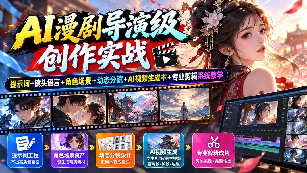 (20814期)AI漫剧导演级创作实战:提示词+镜头语言+角色场景+动态分镜+AI视频生成+专业剪辑系统教学_抖汇吧