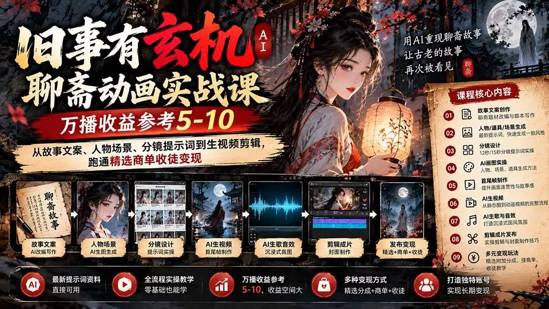 （20789期）旧事有玄机AI聊斋动画实战9月新课：万播收益参考5-10，从故事文案、人物场景到分镜生视频，跑通精选商单收徒_抖汇吧