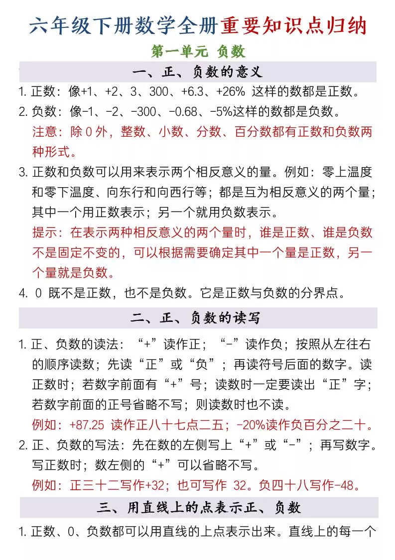 六年级下数学全册重要知识点归纳