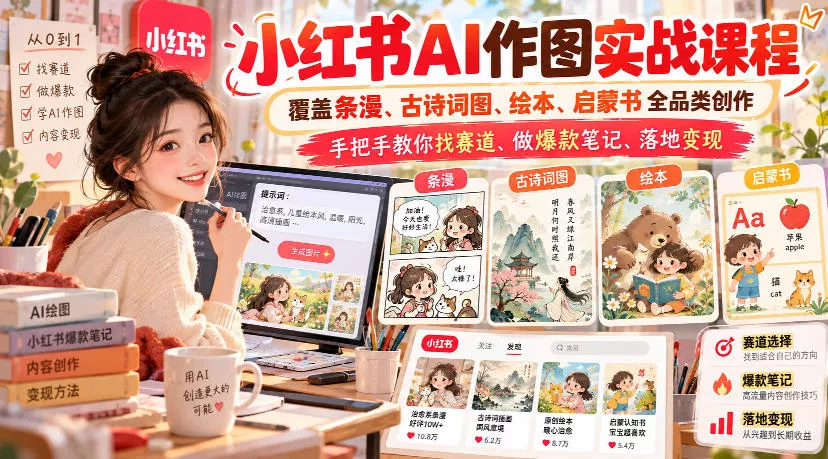 小红书AI作图实战课程,覆盖条漫、古诗词图、绘本、启蒙书全品类创作,手把手教你找赛道、做爆款笔记、落地变现_抖汇吧