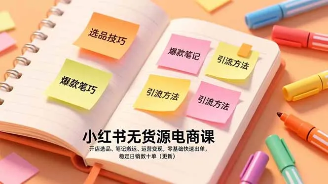 小红书无货源电商课，开店选品、笔记搬运、运营变现，零基础快速出单，稳定日销数十单(更新_抖汇吧
