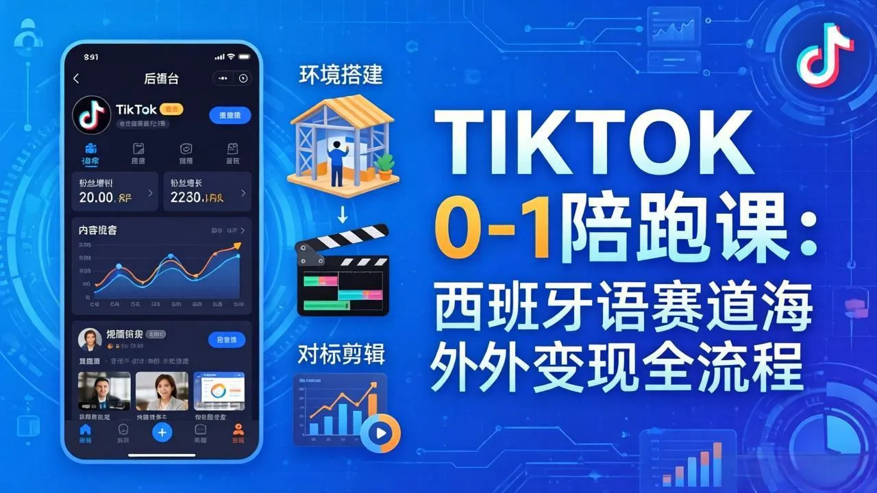 TIKTOK 0-1 陪跑课：从环境搭建到刷对标剪辑，西班牙语赛道海外变现全流程_抖汇吧