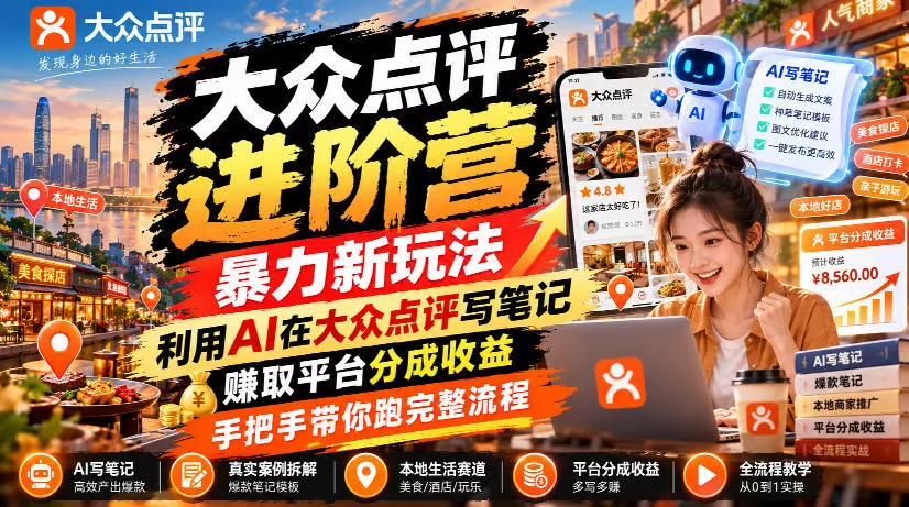 大众点评进阶营，暴力新玩法，利用AI在大众点评写笔记， 賺取平台分成收益，手把手带你跑完整流程_抖汇吧