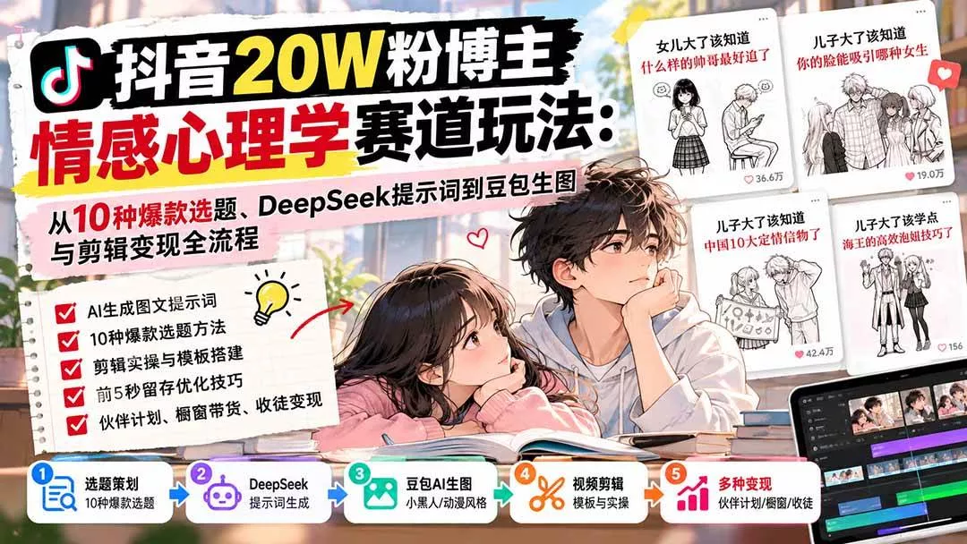 （20688期）抖音20W粉博主-情感心理学赛道玩法：从10种爆款选题、DeepSeek提示词到豆包生图与剪辑变现全流程_抖汇吧
