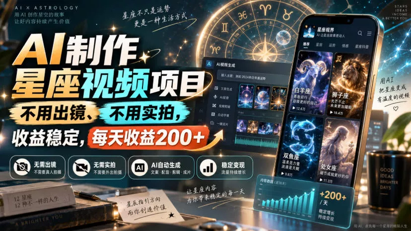 AI制作星座视频项目，不用出镜、不用实拍，收益稳定，每天收益200+_抖汇吧