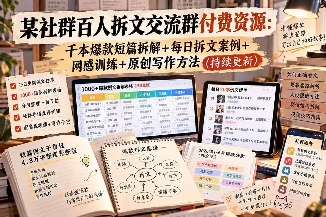 (20635期)某社群百人拆文交流群付费资源:千本爆款短篇拆解+每日拆文案例+网感训练+原创写作方法 (持续更新)_抖汇吧