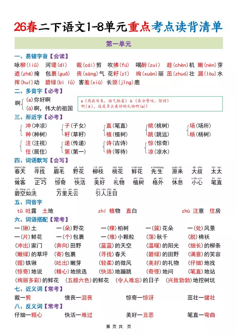 二年级下语文期末复习1-8单元重点考点读背清单
