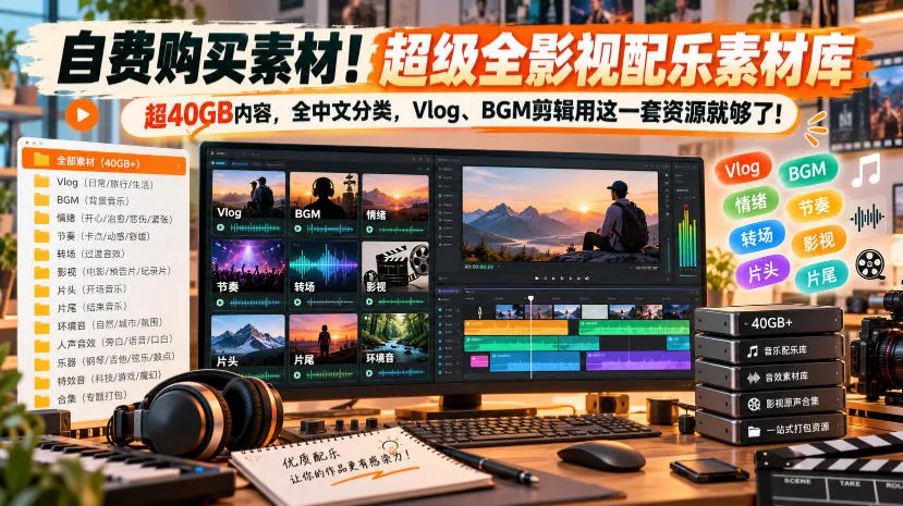 自费购买素材！超级全影视配乐素材库，超40GB内容，全中文分类，Vlog、BGM剪辑用这一套资源就够了！_抖汇吧