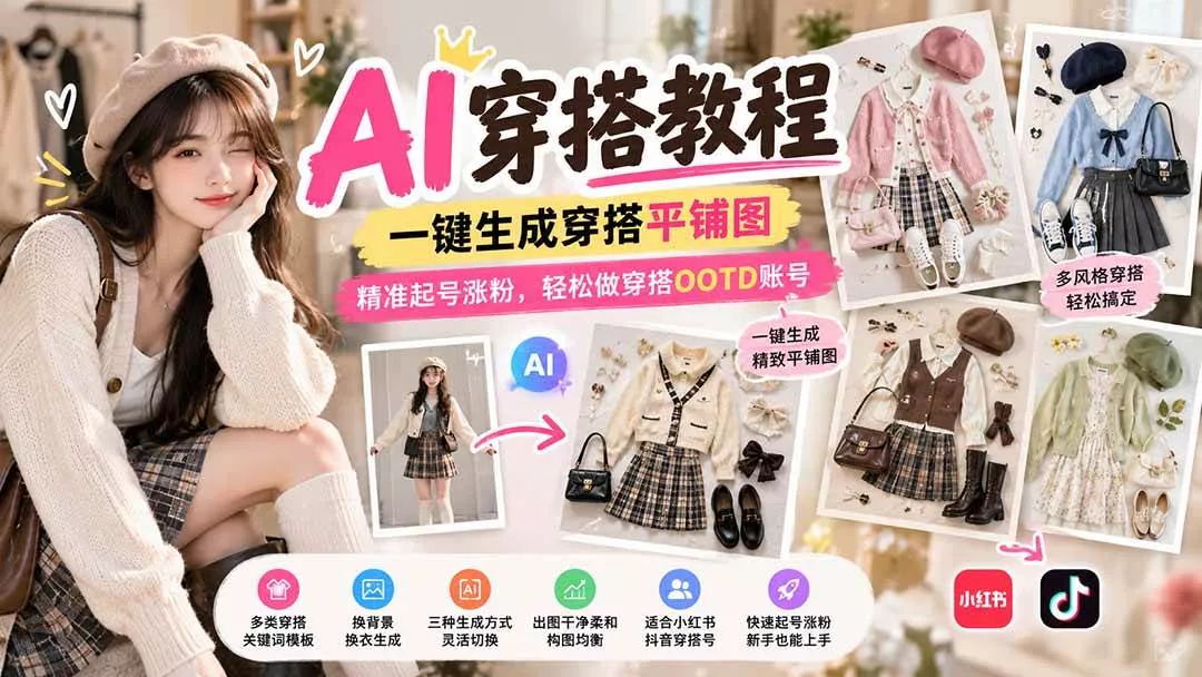 （21134期）【无水印】AI穿搭教程｜一键生成穿搭平铺图，精准起号涨粉，轻松做穿搭OOTD账号_抖汇吧
