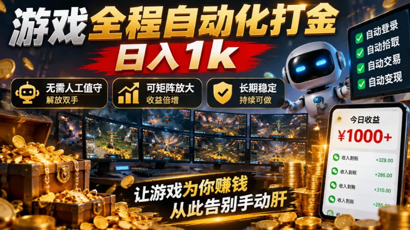 游戏全程自动化打金，日入1k，无需人工值守，解放双手，可矩阵放大，长期稳定【揭秘】_抖汇吧