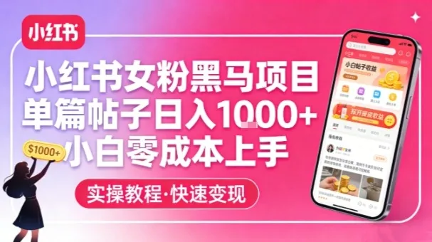小红书女粉黑马项目，单篇帖子日入1k+，小白零成本上手_抖汇吧