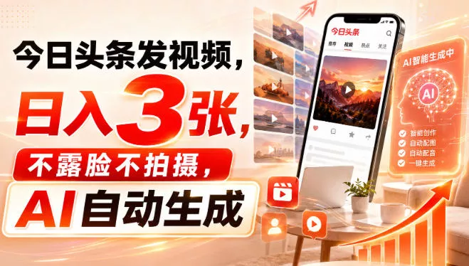今日头条发视频，日入3张，不露脸不拍摄，AI自动生成_抖汇吧