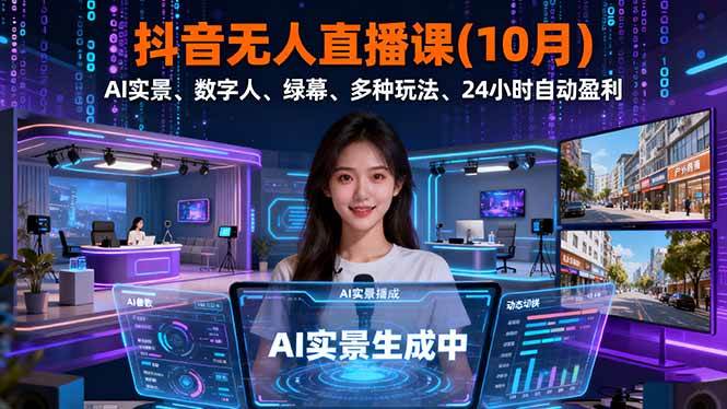 （16355期）抖音无人直播课(10月)，AI实景、数字人、绿幕、多种玩法、24小时自动盈利_抖汇吧