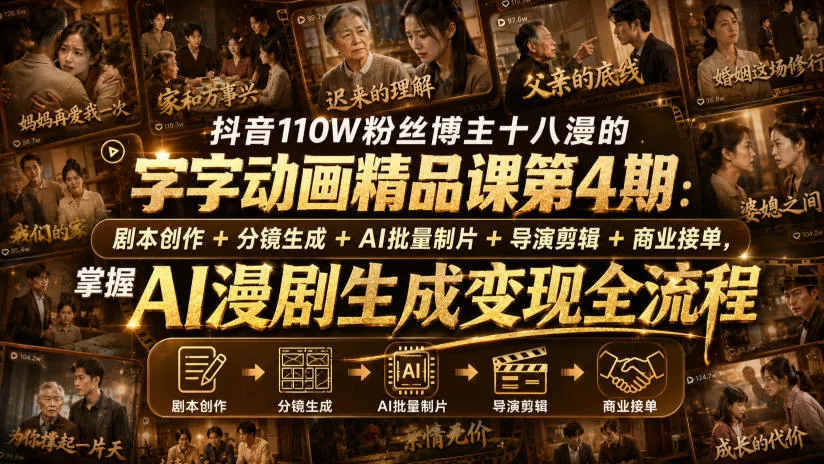 抖音110W粉丝博主十八漫的字字动画精品课第4期：剧本创作+分镜生成+剪辑+商业接单，掌握AI漫剧生成变现全流程（更新0916）_抖汇吧
