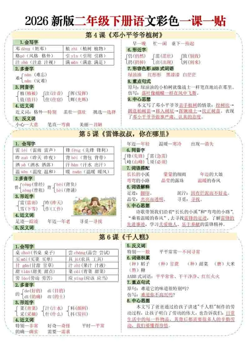 二年级下语文【彩色重点一课一贴】_抖汇吧