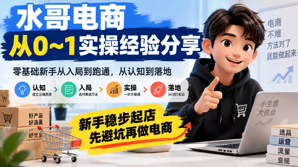 水哥电商从0~1实操经验分享，零基础新手从入局到跑通，从认知到落地，新手稳步起店，先避坑再做电商_抖汇吧