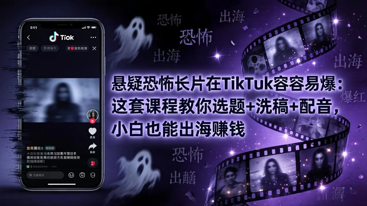 悬疑恐怖长片在TikTok最容易爆：这套课程教你选题+洗稿+配音，小白也能出海赚钱_抖汇吧