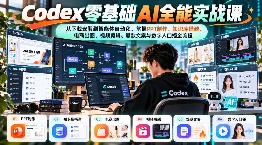 Codex零基础AI全能实战课：从下载安装到智能体自动化，掌握知识库搭建、电商出图、视频剪辑、爆款文案与数字人口播全流程_抖汇吧