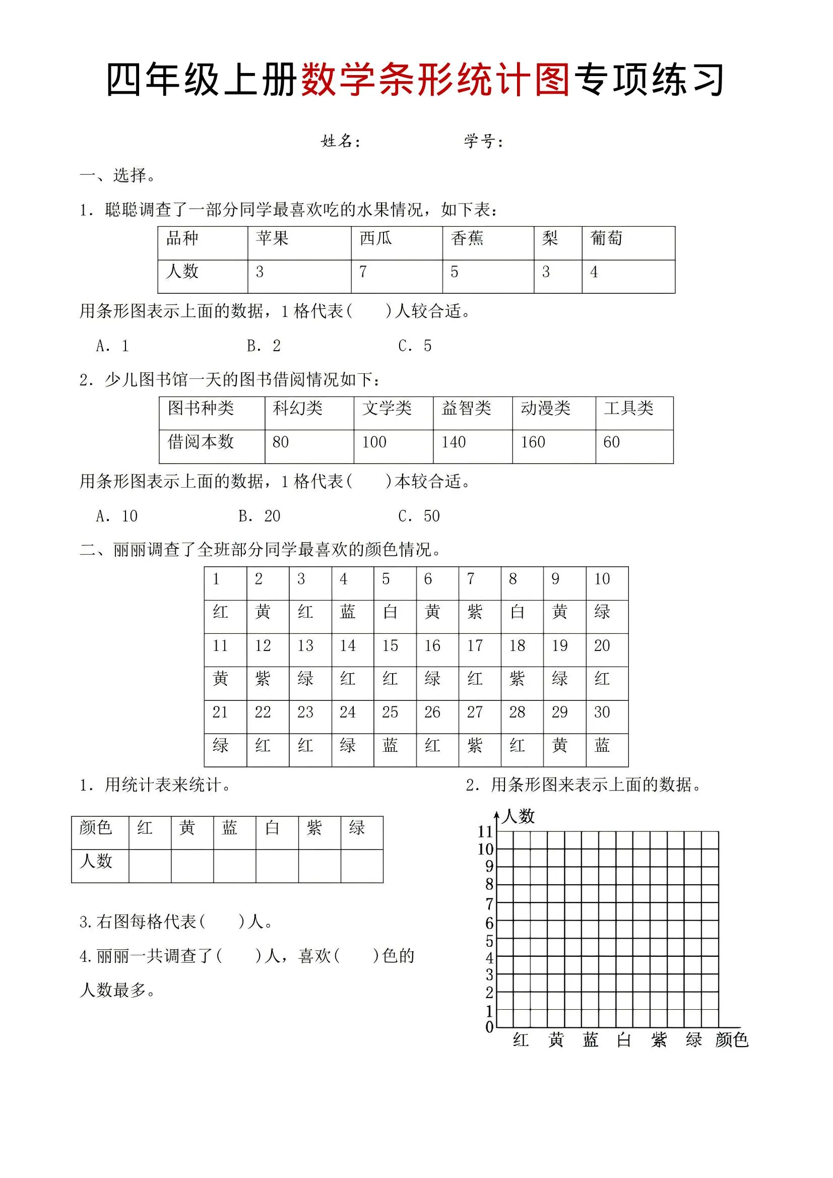 四年级上数学条形统计图专项练习