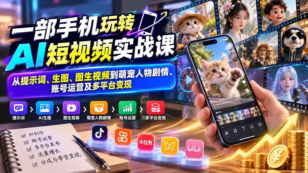 （20663期）一部手机玩转AI短视频实战课：从提示词、生图、图生视频到萌宠人物剧情、账号运营及多平台变现_抖汇吧